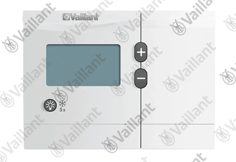 Vaillant Heizungsregler mit digitalem Display, Tasten zur Temperatureinstellung sowie einer Beleuchtungs- und Modustaste, in schlichtem Design.